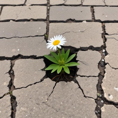 Flower grows through cracked pavement