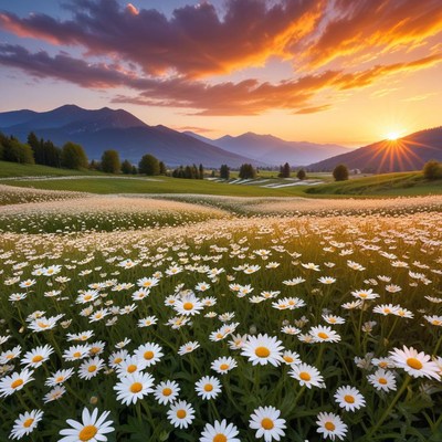 Sunset over flower-filled valley
