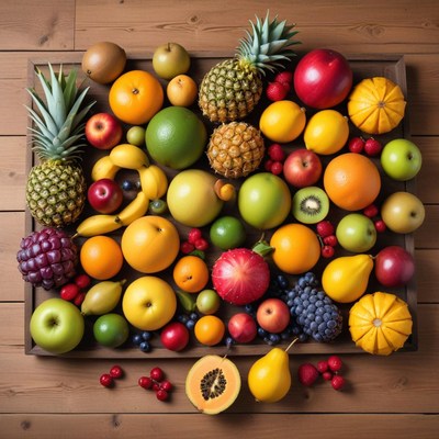 Colorful fruit display on wooden tray