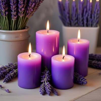 Lavender candles and flowers setup