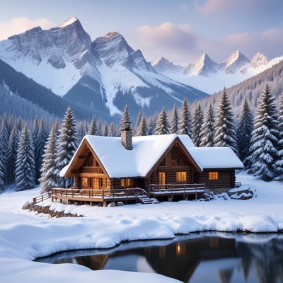 Cozy cabin in snowy mountains