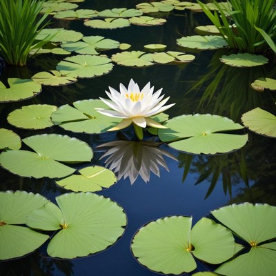 Water lily blooms in serene pond