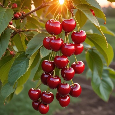 Fresh cherries hanging on a tree
