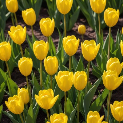 Yellow tulips blooming in spring garden