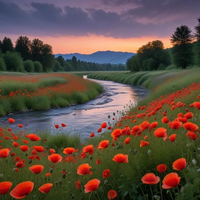 Vibrant poppy field at sunset