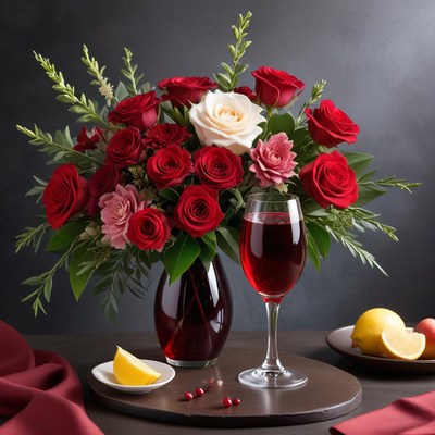 Romantic flowers and drink setup