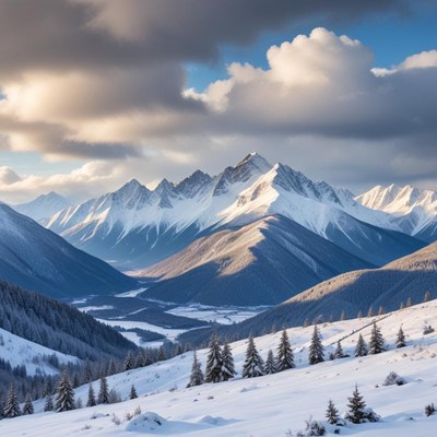 Snowy mountain landscape under clouds