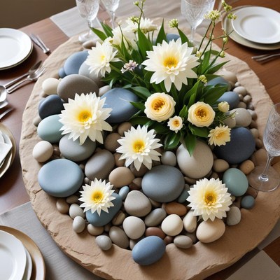 Elegant centerpiece with flowers and stones