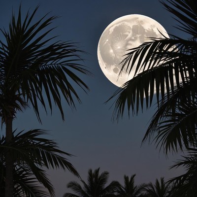 Moonrise over palm trees at night