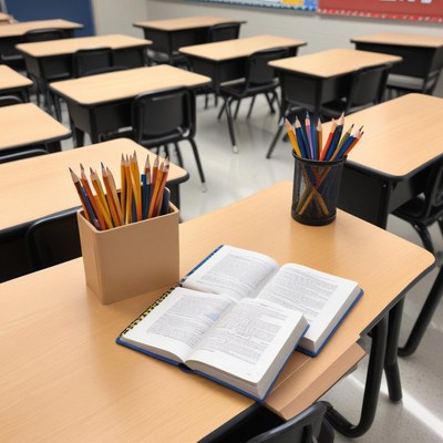 Classroom setup with books and pencils