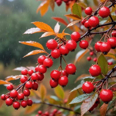 Bright red berries on a rainy day