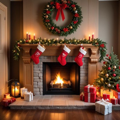Festive fireplace with christmas decorations