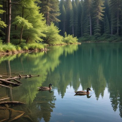 Ducks swimming in peaceful lake