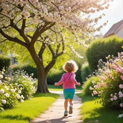 Child playing in sunny garden