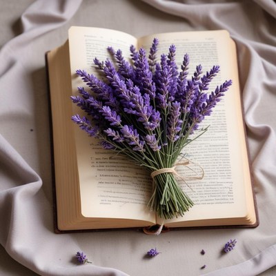 Lavender bouquet on open book