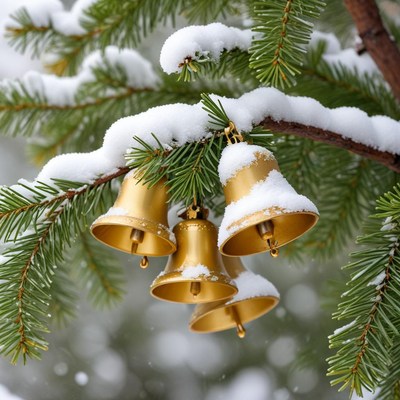 Golden bells on snowy pine branches