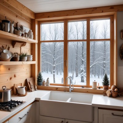 Cozy kitchen with snowy view