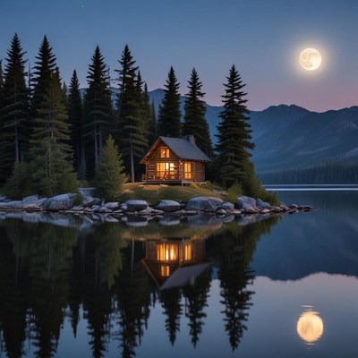 Cozy cabin by the lake at night