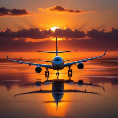 Airplane at sunset on runway