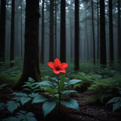 Solitary red flower in dark forest