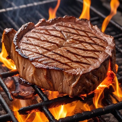 Juicy steak grilling over flames