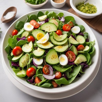 Fresh vegetable salad with eggs and tomatoes