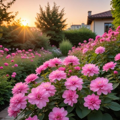 Sunset over blooming pink flowers