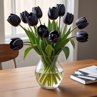 Elegant black tulips in vase