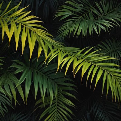 Lush green palm leaves in shadow
