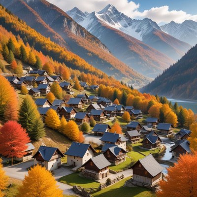 Autumn village in the mountains