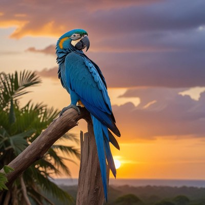 Colorful parrot at sunset