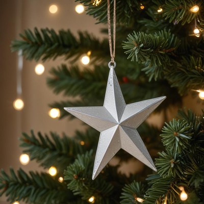 Silver star ornament on christmas tree