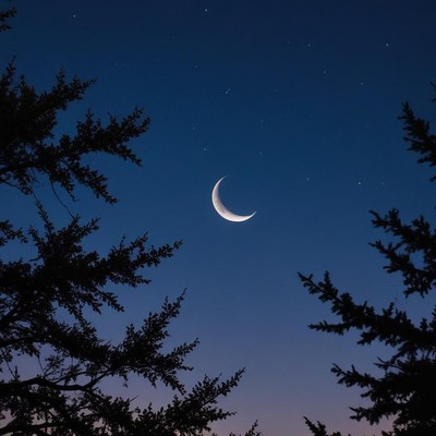 Moonlit sky over trees at dusk