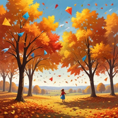 Child flying kites in autumn park