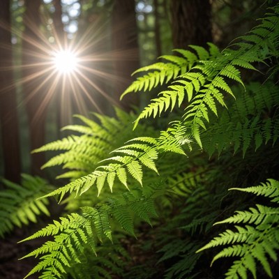 Sunlight shining through forest ferns