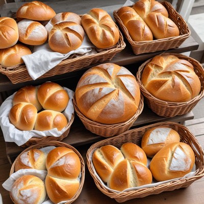 Freshly baked bread display in baskets