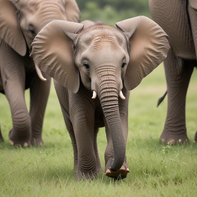 Young elephant walking in green field