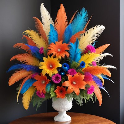 Colorful feather and flower arrangement