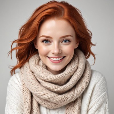 Smiling woman in cozy sweater and scarf