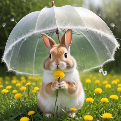Rabbit with umbrella in sunny field
