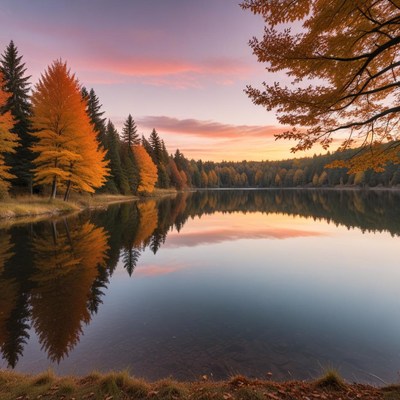 Autumn sunrise over tranquil lake