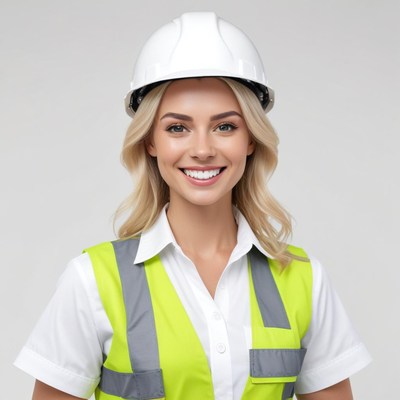 Woman in safety gear smiling brightly