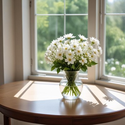 White flowers in sunlight indoors