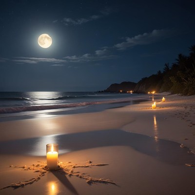 Moonlit beach with candles glowing softly