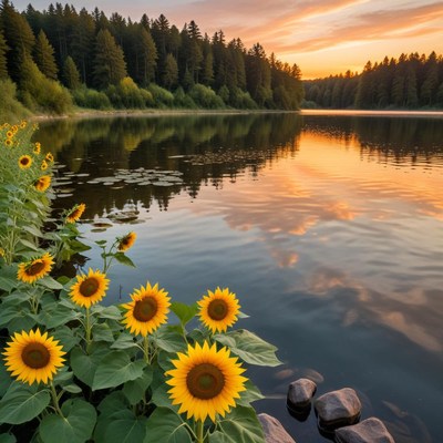 Sunflowers by the tranquil lake
