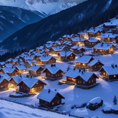 Snowy village at night with warm lights