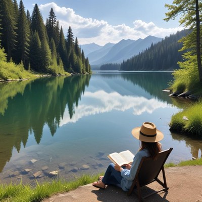 Reading by the tranquil lake
