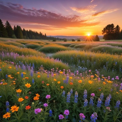 Sunset over blooming wildflower field