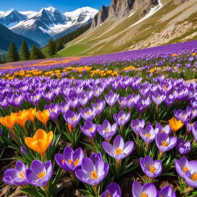 Colorful crocus field in the mountains
