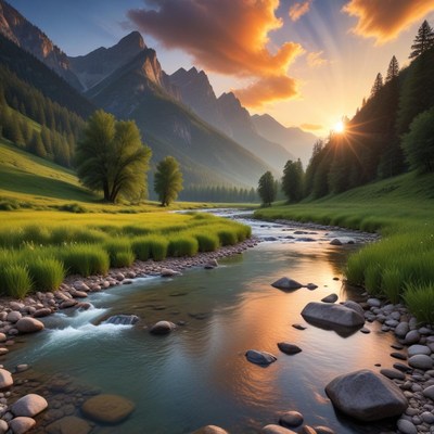 Scenic river at sunrise in mountains